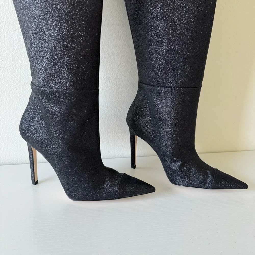 New! Good American Glitter Elegant Black Over-the-Knee Boots, Size 7,5
